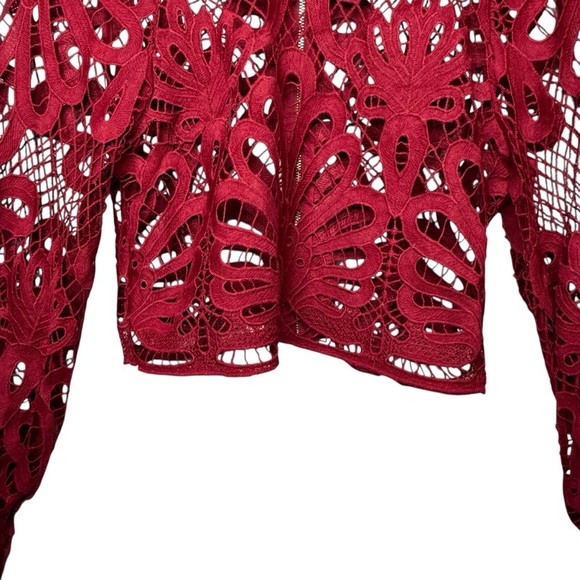 BEBE Red Bloodstone Placement Lace Crochet Women’s Blouse Sz S - Picture 6 of 12